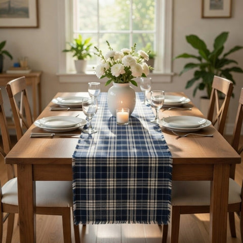 Max Plaid Navy Table Runner 13in. x 72in.