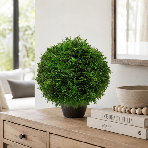 18" Cedar Ball Topiary in Pot: Lifelike Tabletop Plant for Home and Office Decoration