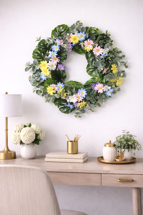 Faux Floral Wreath, Stunning 20 Inch with Green Leaves & Vibrant Flowers: Blue, Yellow, Purple
