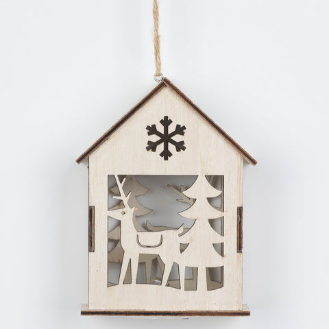 Christmas Battery-Operated Wood House Snowman Ornament – Festive Decor