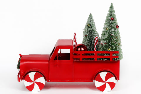 13 Inch Red Metal Truck With Bottle Brush Trees