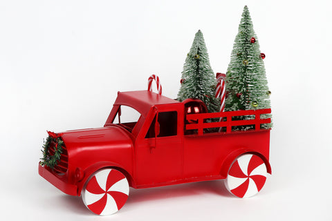 13 Inch Red Metal Truck With Bottle Brush Trees