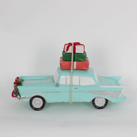 Christmas Blue Light-Up Car with Gifts - Festive Holiday Accent