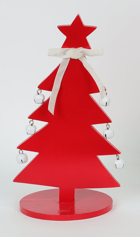 Arbre de Noël en bois rouge de 11 pouces avec grelot blanc
