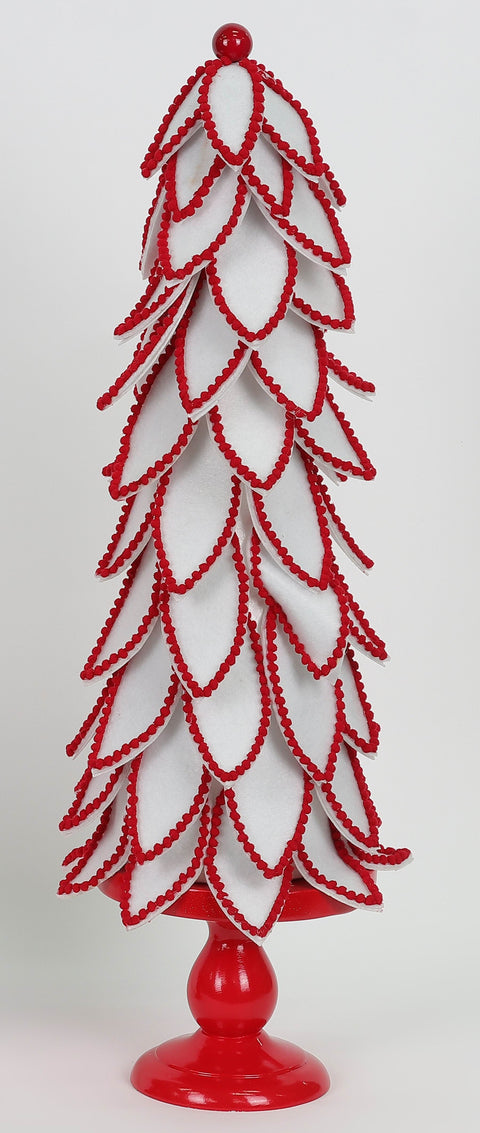 21.5 Inch Red/White Felt Leave Tree Cone With Wood Base
