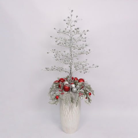Pre-Lit Christmas Tree with LED Lights in White Planter with Ball Ornaments – Outdoor Holiday Decoration