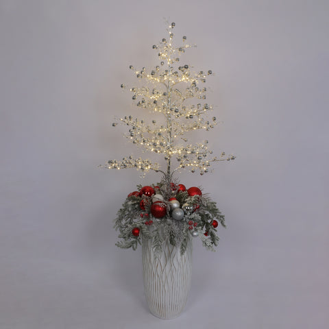 Pre-Lit Christmas Tree with LED Lights in White Planter with Ball Ornaments – Outdoor Holiday Decoration