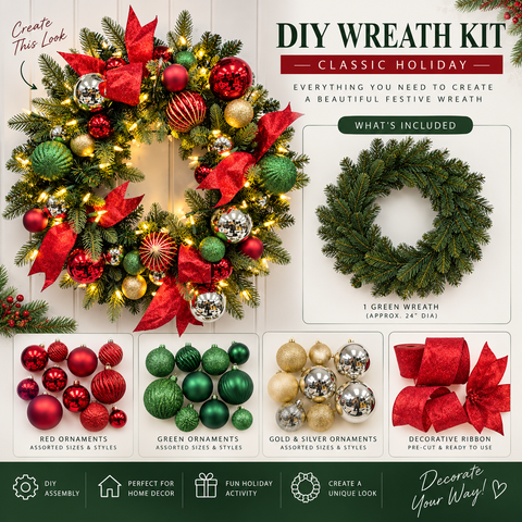 Classic Red, Green & Gold DIY Christmas Wreath Kit