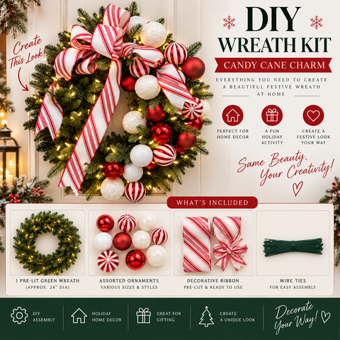 Candy Cane Red & White DIY Christmas Wreath Kit