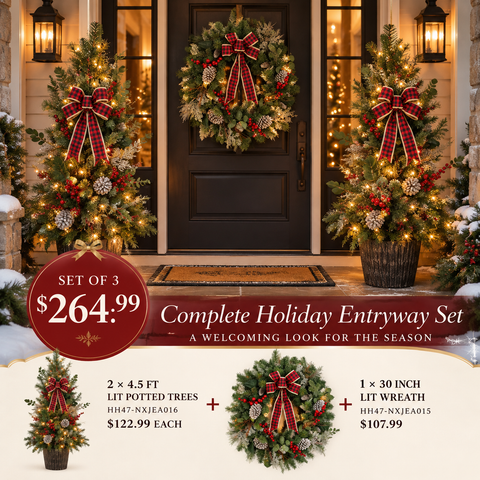 Christmas Front Door Décor Set – 2 Lit Trees + 30" Wreath