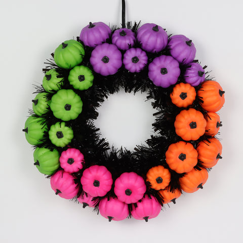 Colorful Halloween Foam Pumpkin Wreath – Purple, Pink, Orange, Green