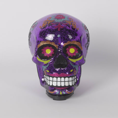 Day of the Dead Lighted Purple Glass Sugar Skull Décor