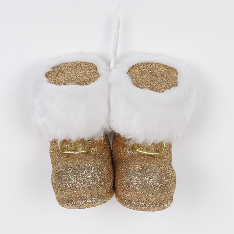 Gold Winter Boots Christmas Ornament with Faux Fur Trim