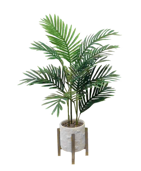Artificial Paradise Palm in White Pot with Wooden Stand: Lifelike 33.5" Plant for Indoor Decoration