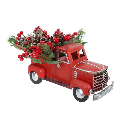 14,25 X 7,5 X 6,775 INCH Christmas Metail Truck avec Red Berry/Pino Cone décoratif