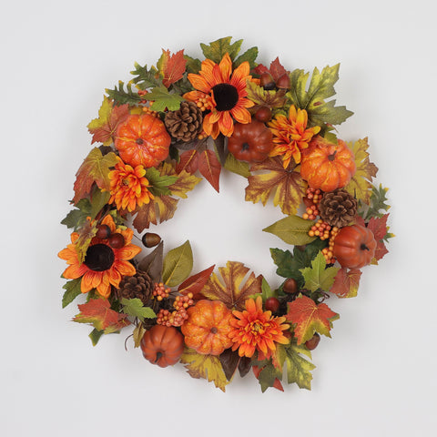 Harvest Orange Sunflower Wreath with Pumpkins Décor