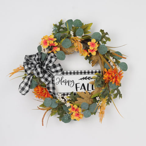 Harvest "Hello Fall" Wreath with Plaid Bows Décor