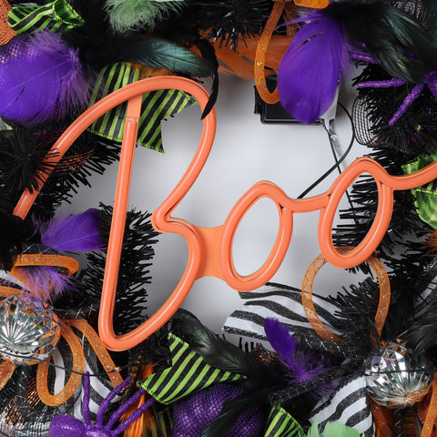 26" Neon Halloween Wreath | "Boo" Spooky Door Decor | Vibrant Outdoor & Indoor