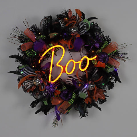 26" Neon Halloween Wreath | "Boo" Spooky Door Decor | Vibrant Outdoor & Indoor