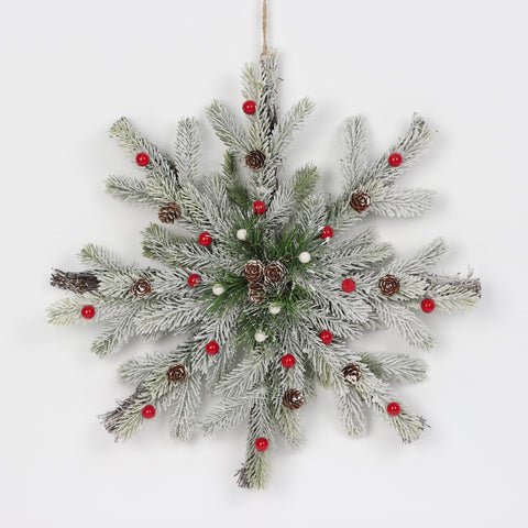 Ro- 15" Frosted Pine W/Red/White Berries On Hanging Snowflake