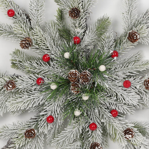 Ro- 15" Frosted Pine W/Red/White Berries On Hanging Snowflake