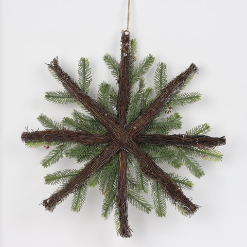 Ro- 15" Frosted Pine W/Red/White Berries On Hanging Snowflake