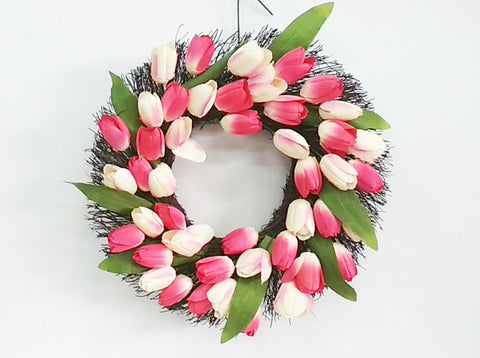 Faux Pink Tulip 20 Inch Wreath, Elegant Spring Home Decor