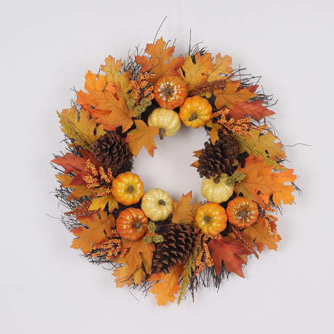 Harvest Fall Wreath with Pumpkins & Pine Cones Décor