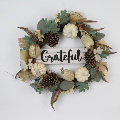 Harvest Grateful Wreath with Pumpkins & Pine Cones Décor
