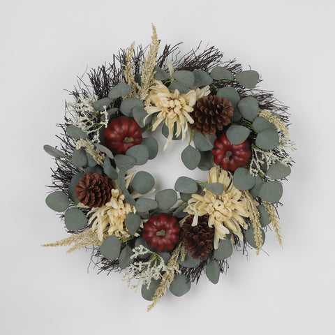 Harvest Wreath with Brown Pumpkins & Pine Cones Decor