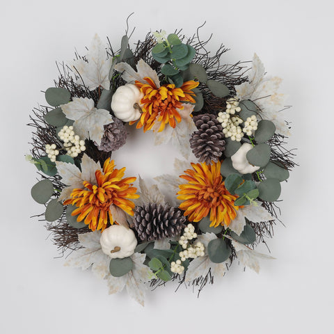 Harvest Chrysanthemum Wreath with Pumpkins & Pine Cones Décor