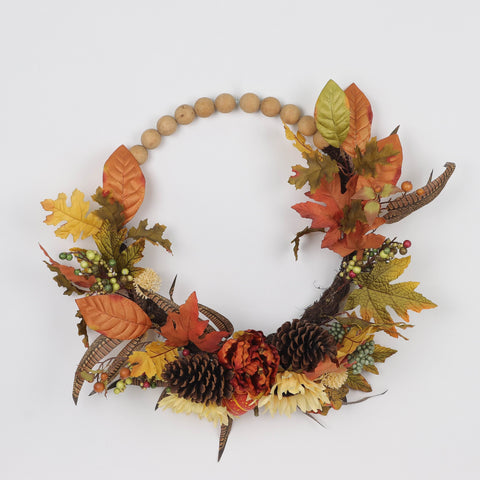 Fall Wreath with Pinecones, Sunflowers & Natural Beads Décor