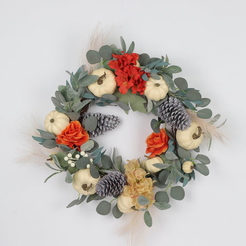 Harvest Green Wreath with White Pumpkins & Pine Cones Décor