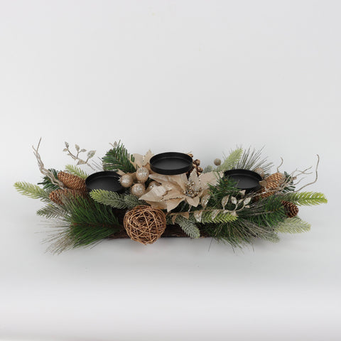 N-Led Champagne Poinsettia/Berry/Pinecone 3 Tier Candleholder