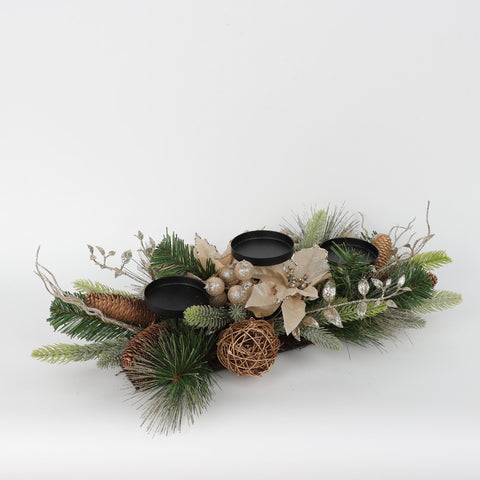 N-Led Champagne Poinsettia/Berry/Pinecone 3 Tier Candleholder