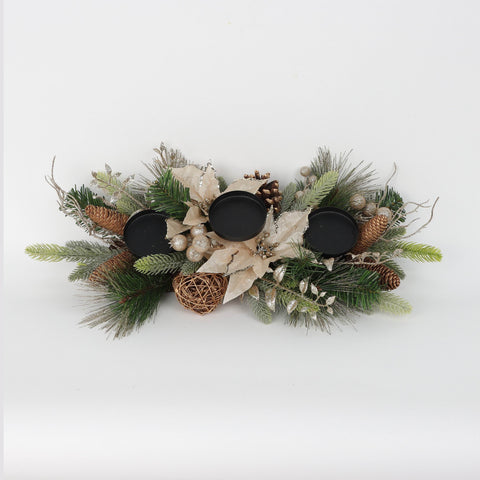 N-Led Champagne Poinsettia/Berry/Pinecone 3 Tier Candleholder