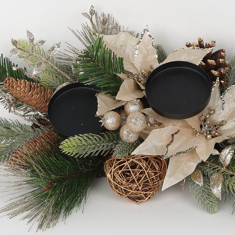 N-Led Champagne Poinsettia/Berry/Pinecone 3 Tier Candleholder