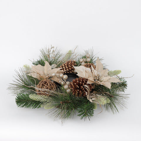 N-14"Led Champagne Poinsettia/Berry/Pinecone Candleholder