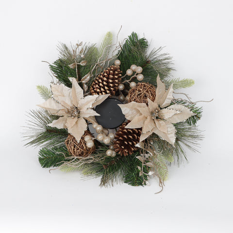 N-14"Led Champagne Poinsettia/Berry/Pinecone Candleholder