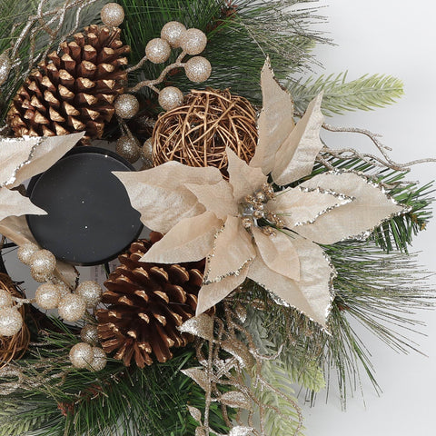 N-14"Led Champagne Poinsettia/Berry/Pinecone Candleholder