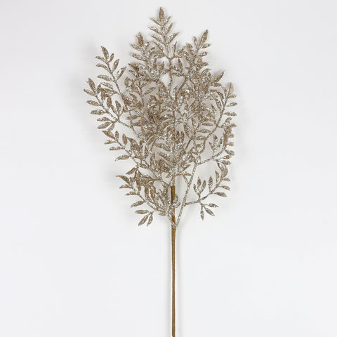 Heavy Glittered Artificial Mimosa Leaf Stem in Champagne
