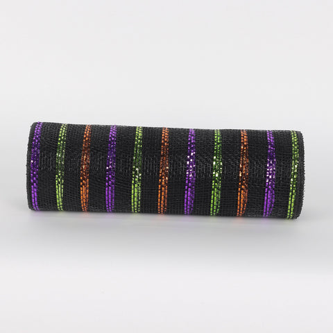 Halloween Polymesh Fabric Rolls: Black with Purple, Orange, and Green Stripes Spooky Decorative Accent