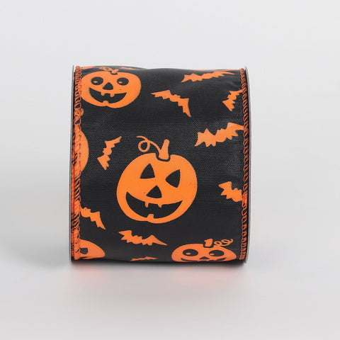 Halloween Black Ribbon with Orange Pumpkins and Bats: 2.5" x 5 Yards Spooky Decorative Accent