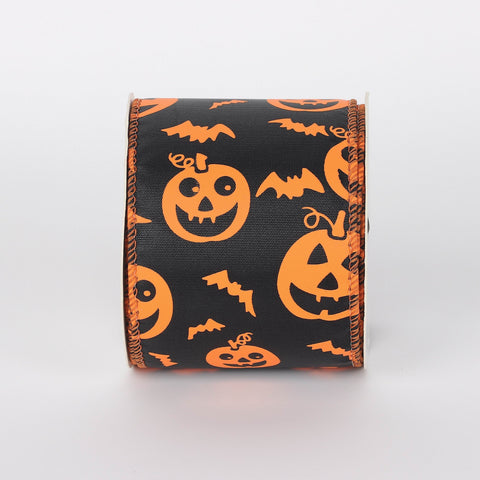 Halloween Pumpkin & Bat Ribbon - 2.5” x 9ft Black with Orange Design