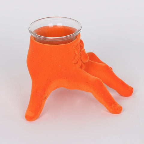5.75*4.5*3.75'' Orange Flocking Claw Candle Holder Décor