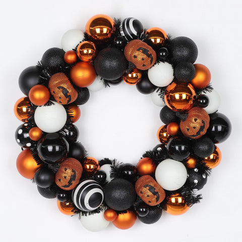 ?15.0*3.5'' Orange/Black/White Foam Ball Wreath W/Eyes Décor