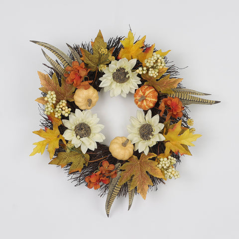 Fall Wreath with Pumpkins & Sunflower Décor