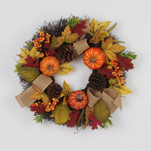 Harvest Fall Pumpkin & Pine Cone Wreath with Fabric Ribbon Décor