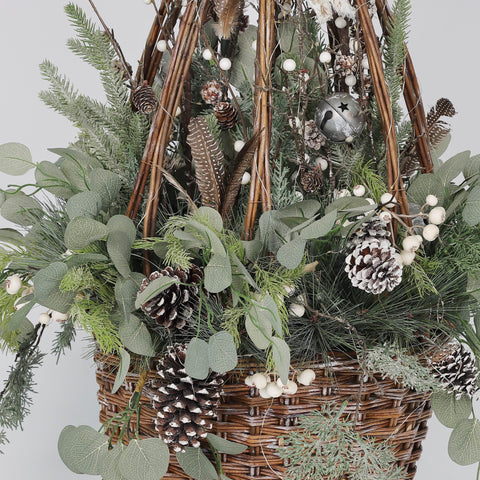 Christmas Tree in Basket with Bow, Pinecones & Bell – Holiday Decoration