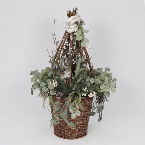 Christmas Tree in Basket with Bow, Pinecones & Bell – Holiday Decoration